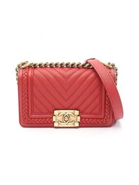 Chanel Shoulder Bag Boy Small Blanc Stitch Red Caviar Leather Boy Chain